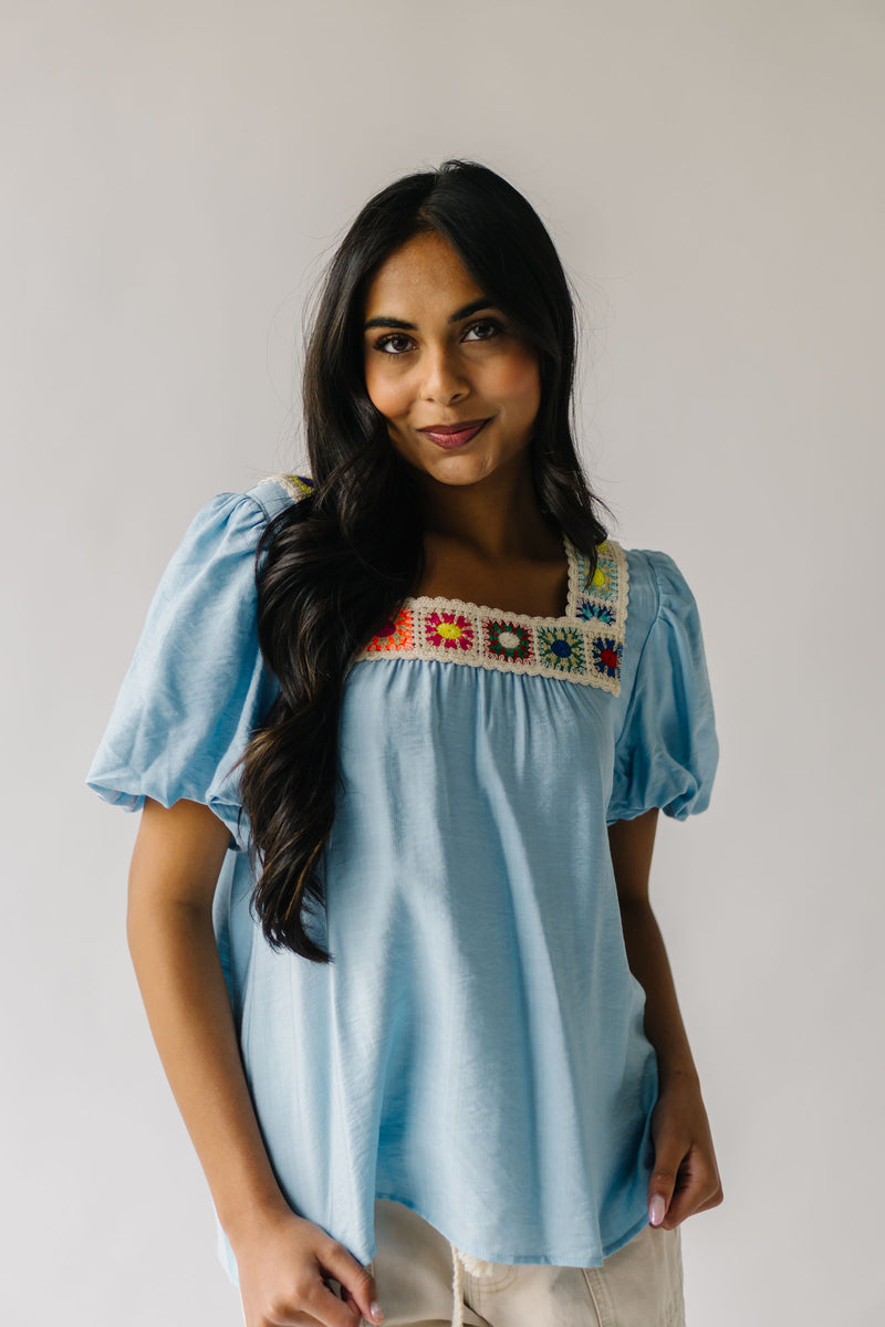 The Drake Crochet Puff Sleeve Blouse in Blue