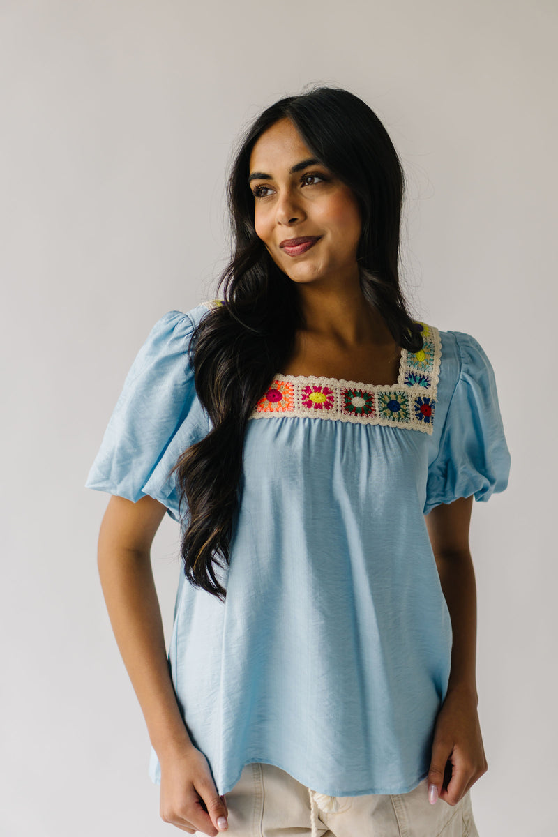 The Drake Crochet Puff Sleeve Blouse in Blue