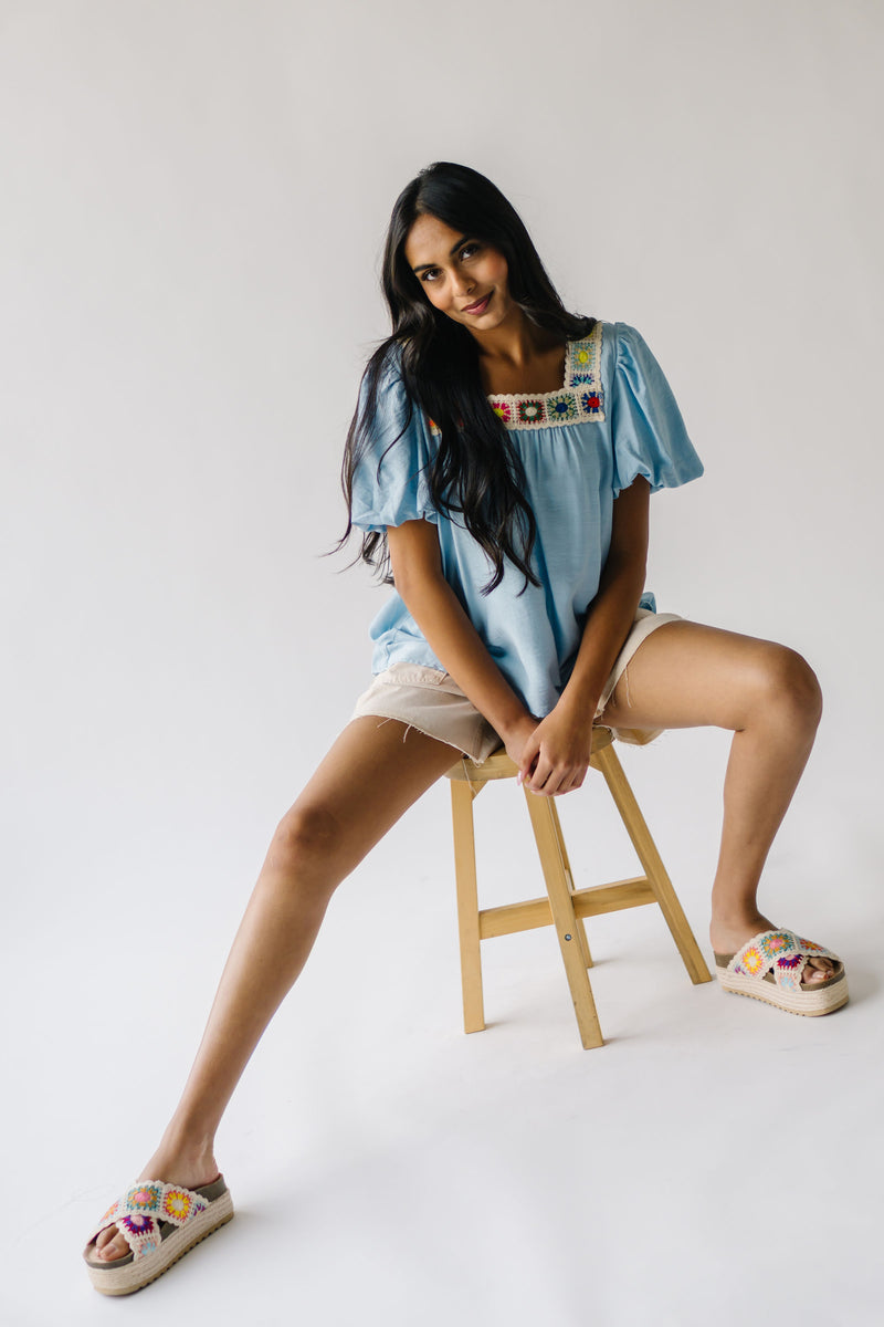 The Drake Crochet Puff Sleeve Blouse in Blue