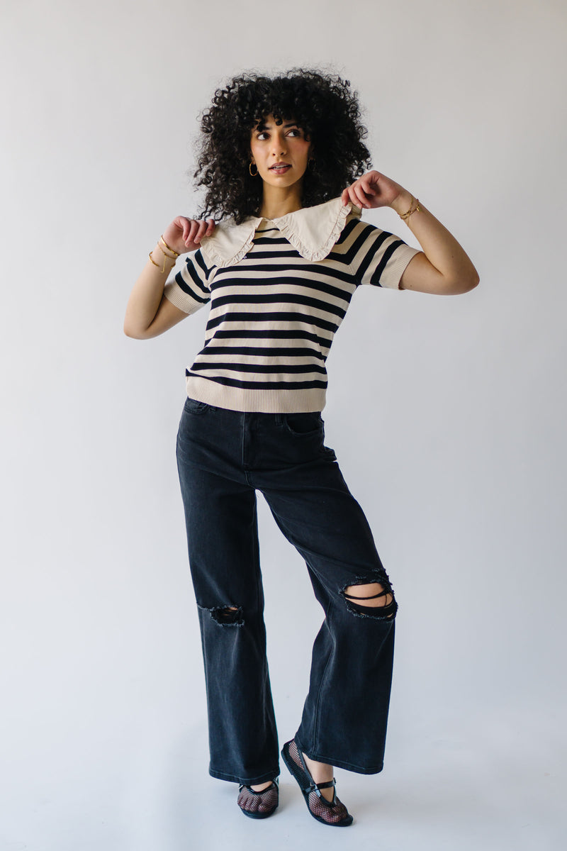 The Camilla Collared Sweater Blouse in Cream + Black Stripe
