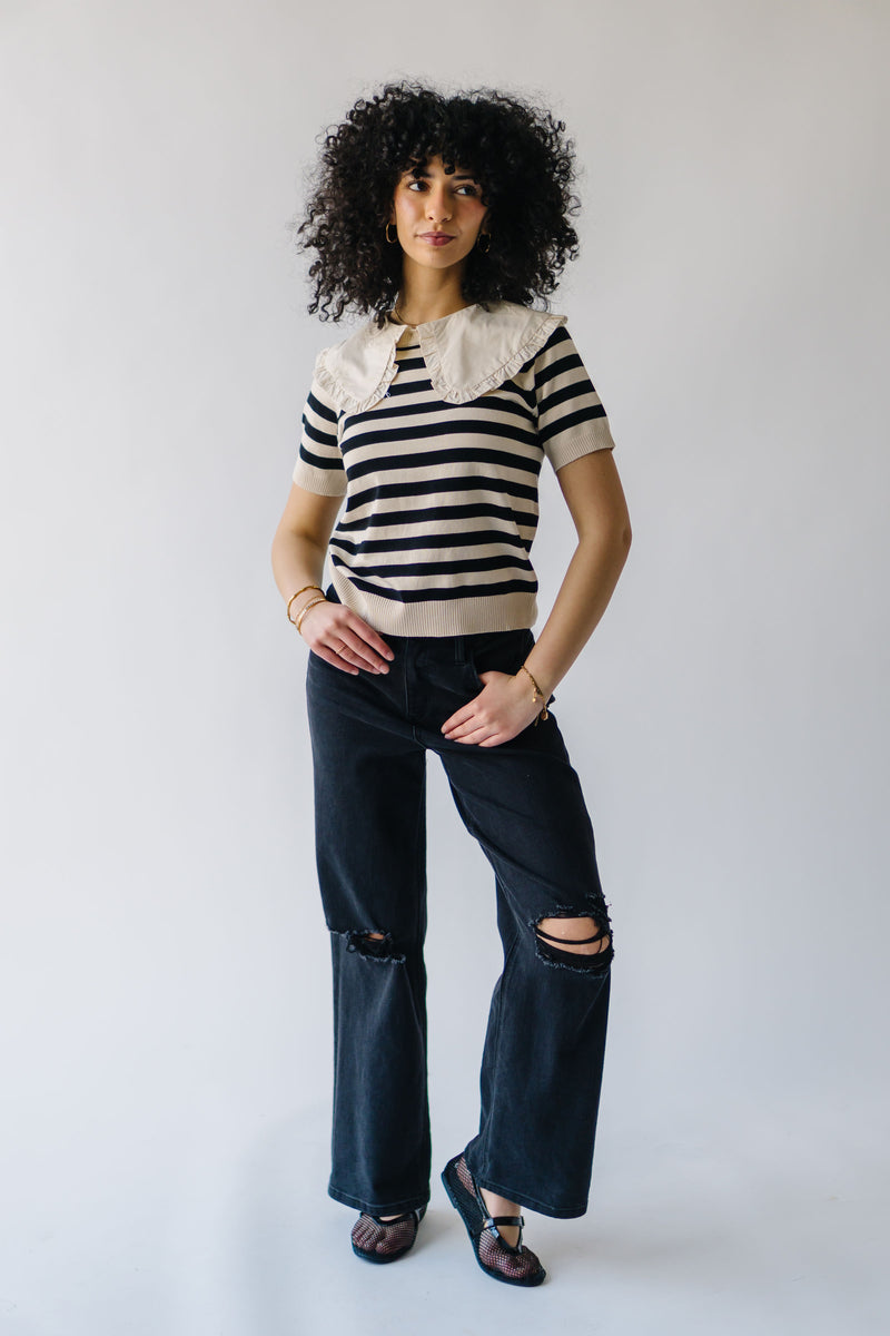 The Camilla Collared Sweater Blouse in Cream + Black Stripe