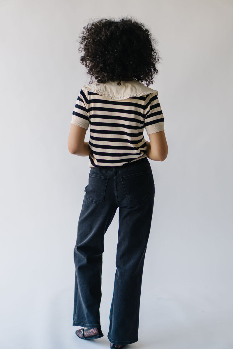 The Camilla Collared Sweater Blouse in Cream + Black Stripe