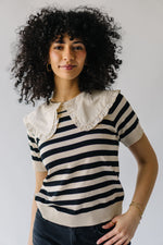 The Camilla Collared Sweater Blouse in Cream + Black Stripe
