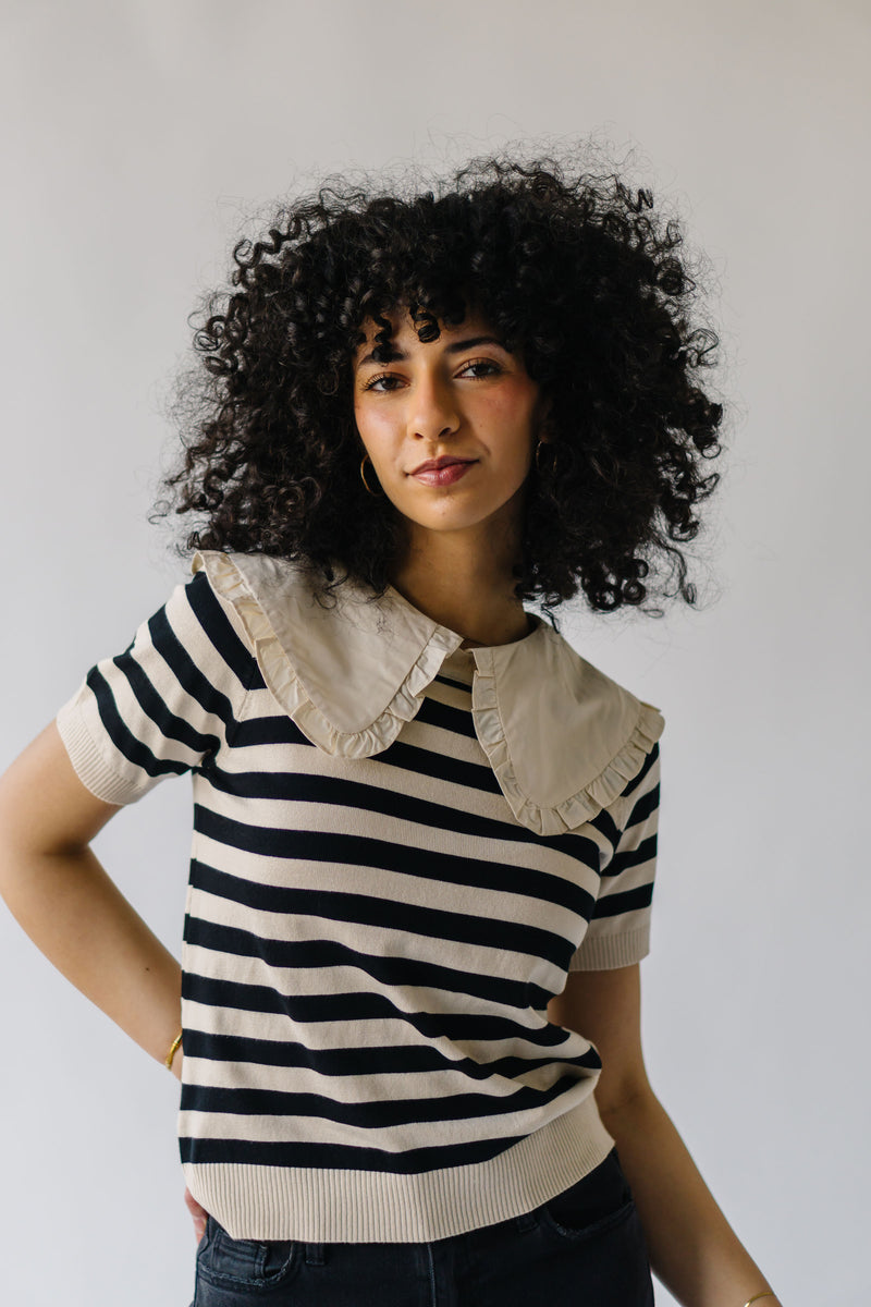 The Camilla Collared Sweater Blouse in Cream + Black Stripe