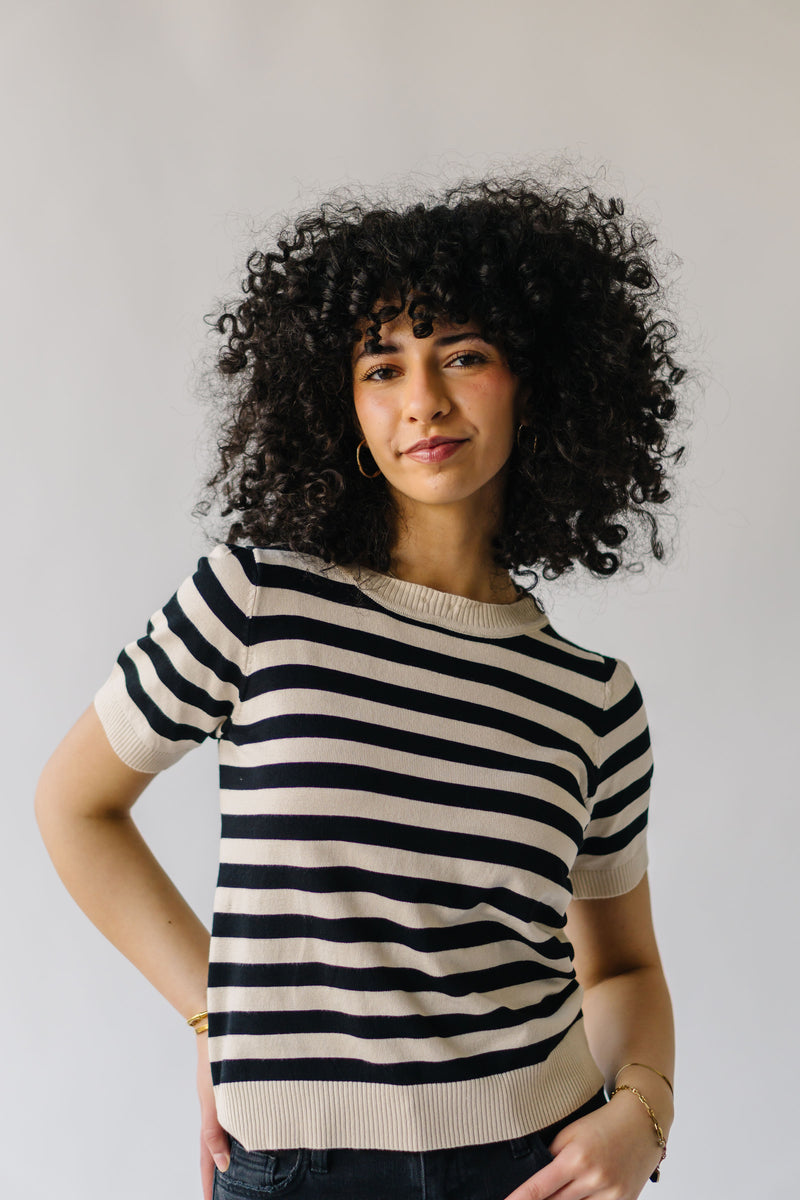 The Camilla Collared Sweater Blouse in Cream + Black Stripe
