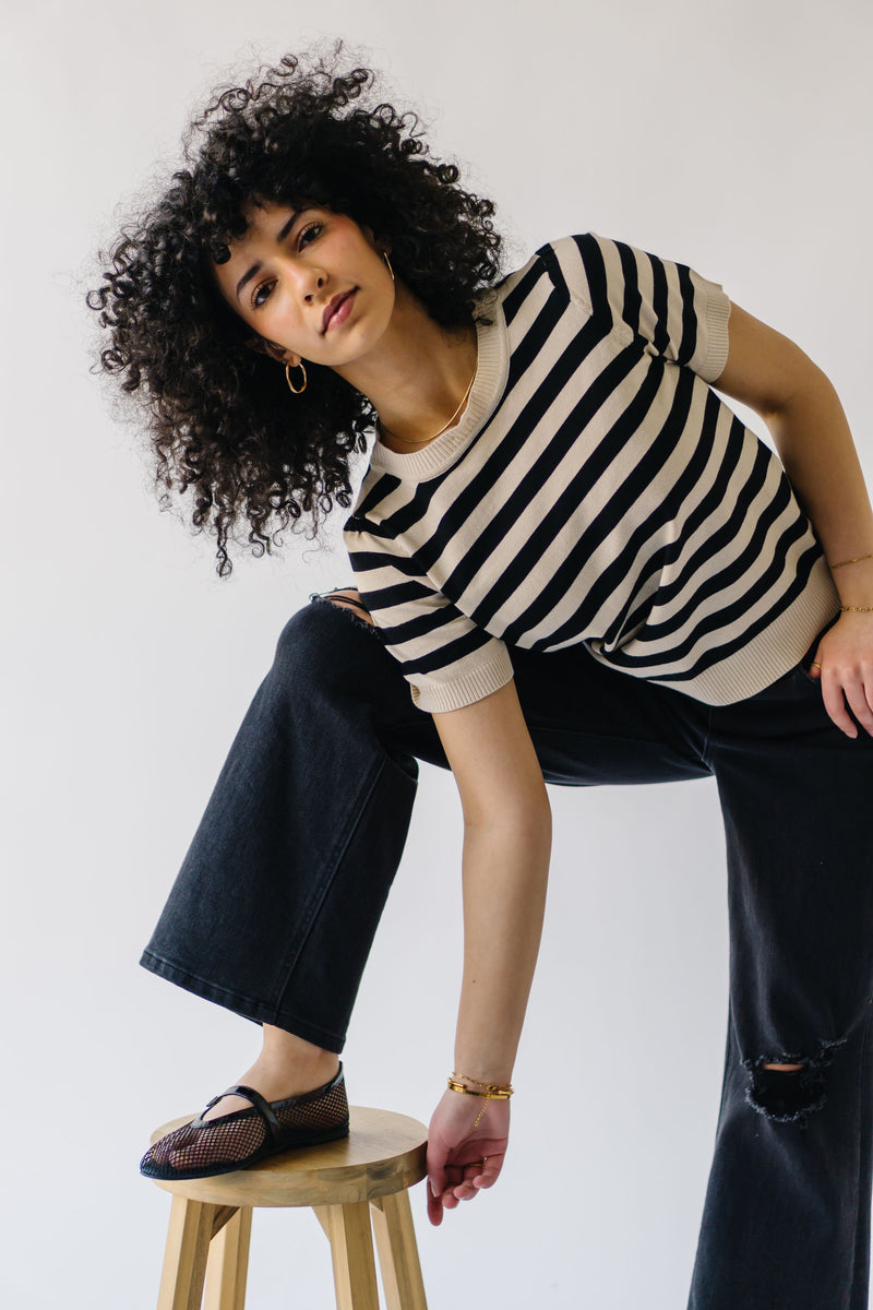 The Camilla Collared Sweater Blouse in Cream + Black Stripe