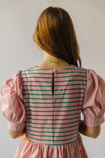 The Taylen Puff Sleeve Dress in Pink + Green Stripe