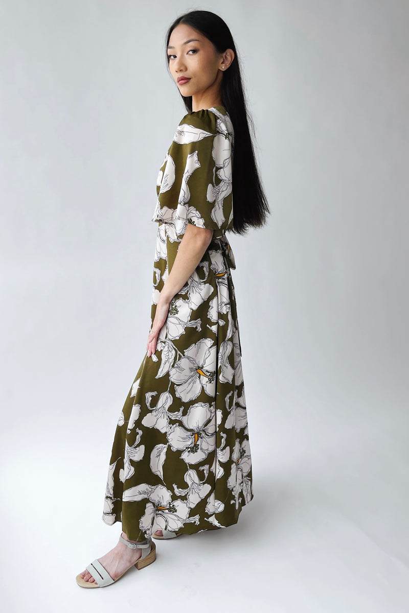The Romano Piped Detail Floral Maxi Dress in Olive