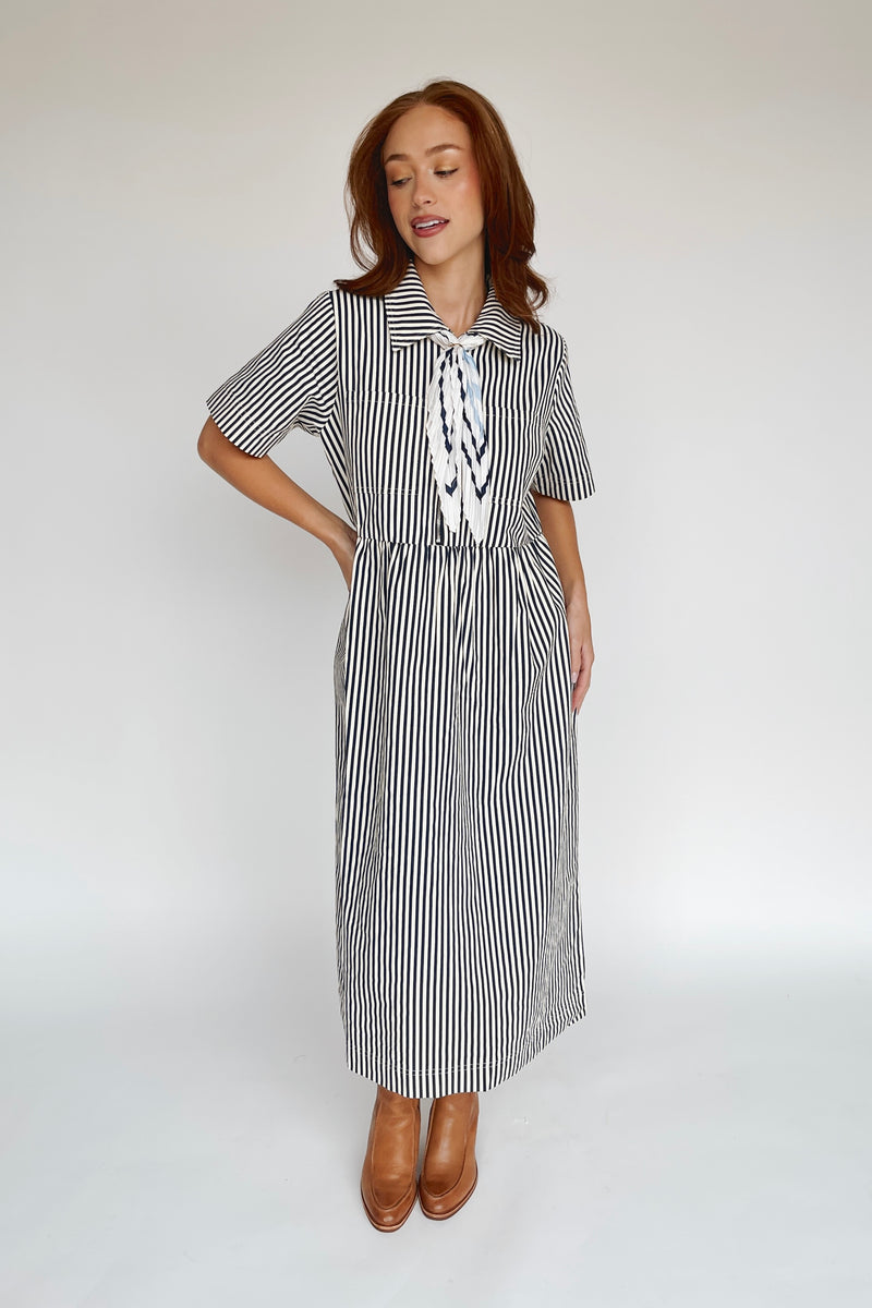 The Tenney Striped Half Zip Midi Dress in Navy + Cream