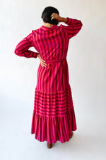 The Clarisa Striped Button-Up Maxi Dress in Fuchsia + Orange