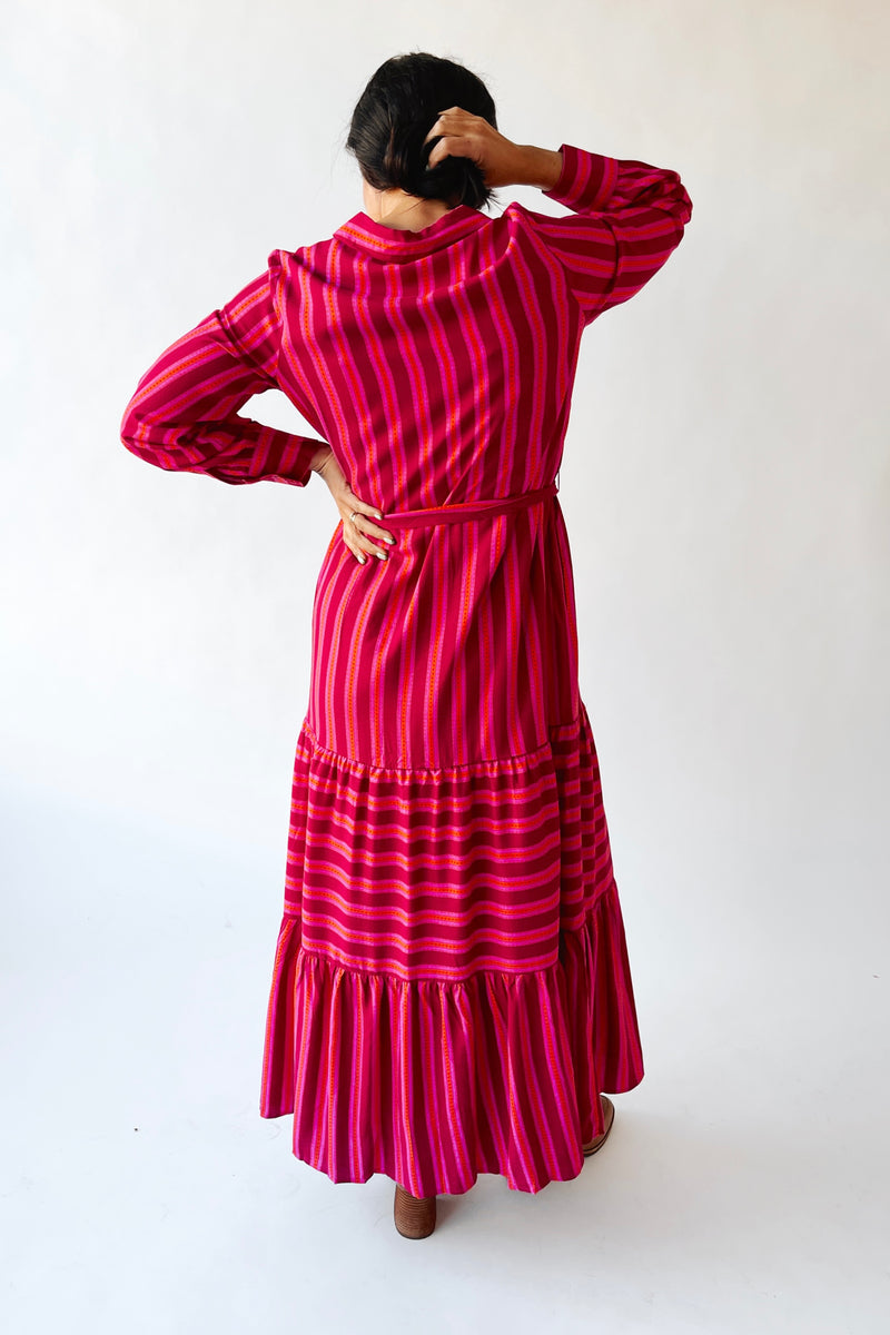 The Clarisa Striped Button-Up Maxi Dress in Fuchsia + Orange