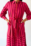 The Clarisa Striped Button-Up Maxi Dress in Fuchsia + Orange