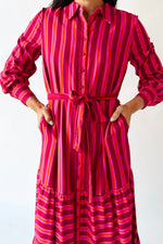 The Clarisa Striped Button-Up Maxi Dress in Fuchsia + Orange