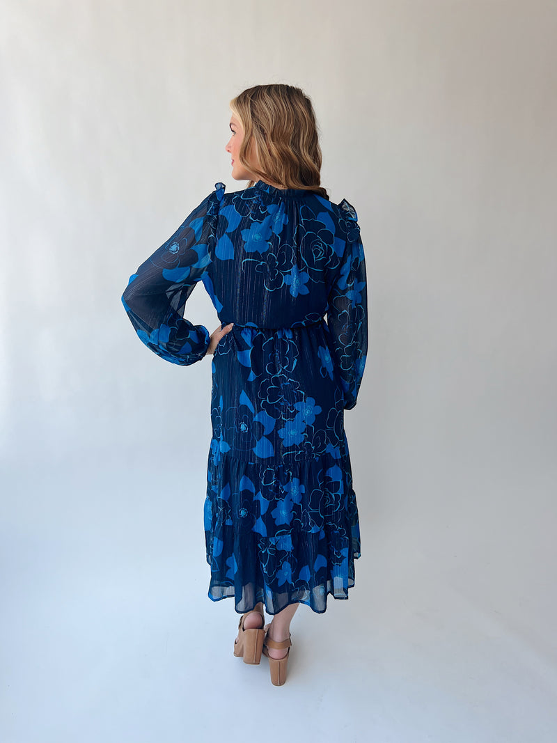 The Kristen Floral Midi Dress in Navy + Blue