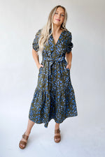 The Solvay Tiered Midi Dress in Green + Blue Multi