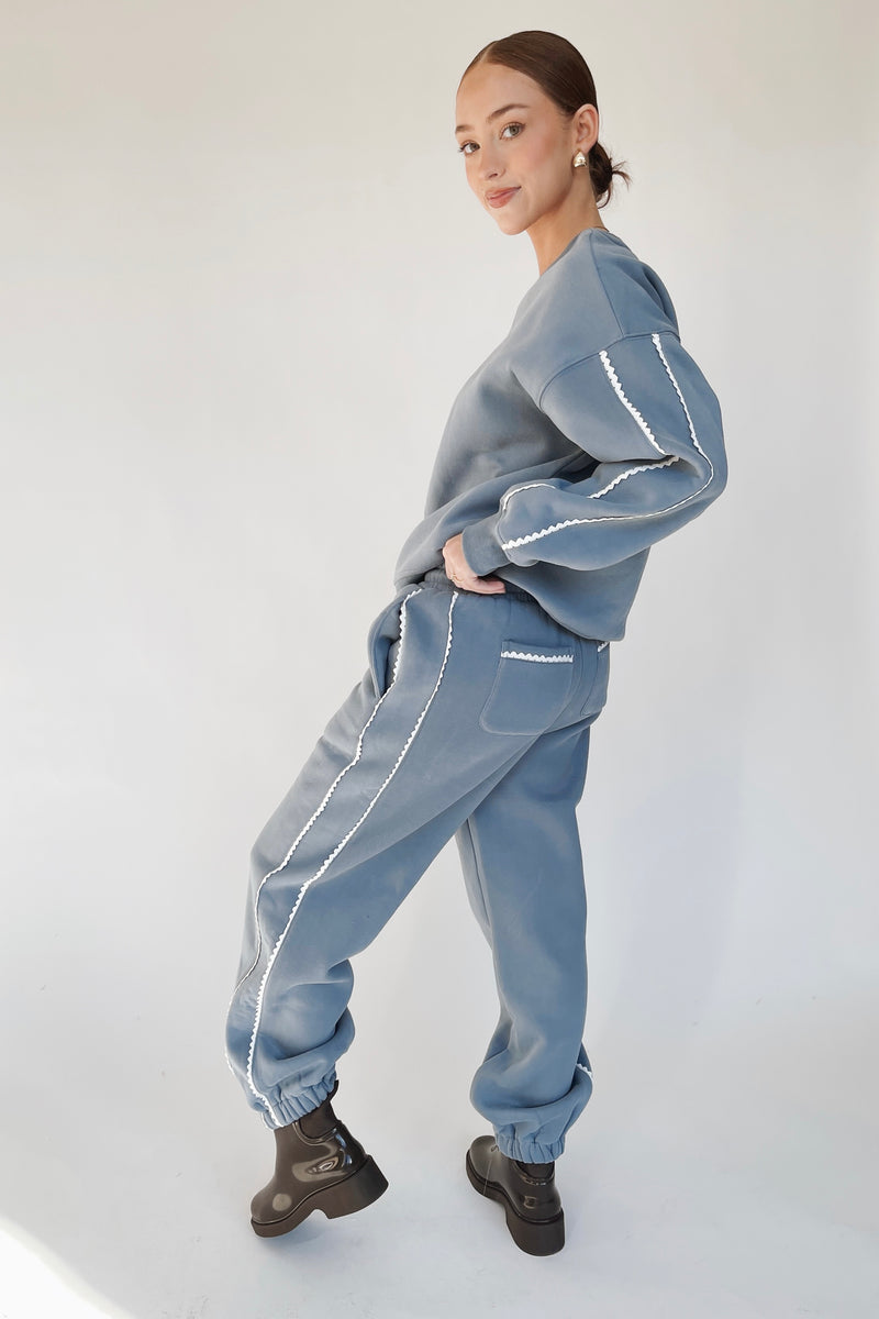 The Darrow Lace Trim Jogger in Dusty Blue