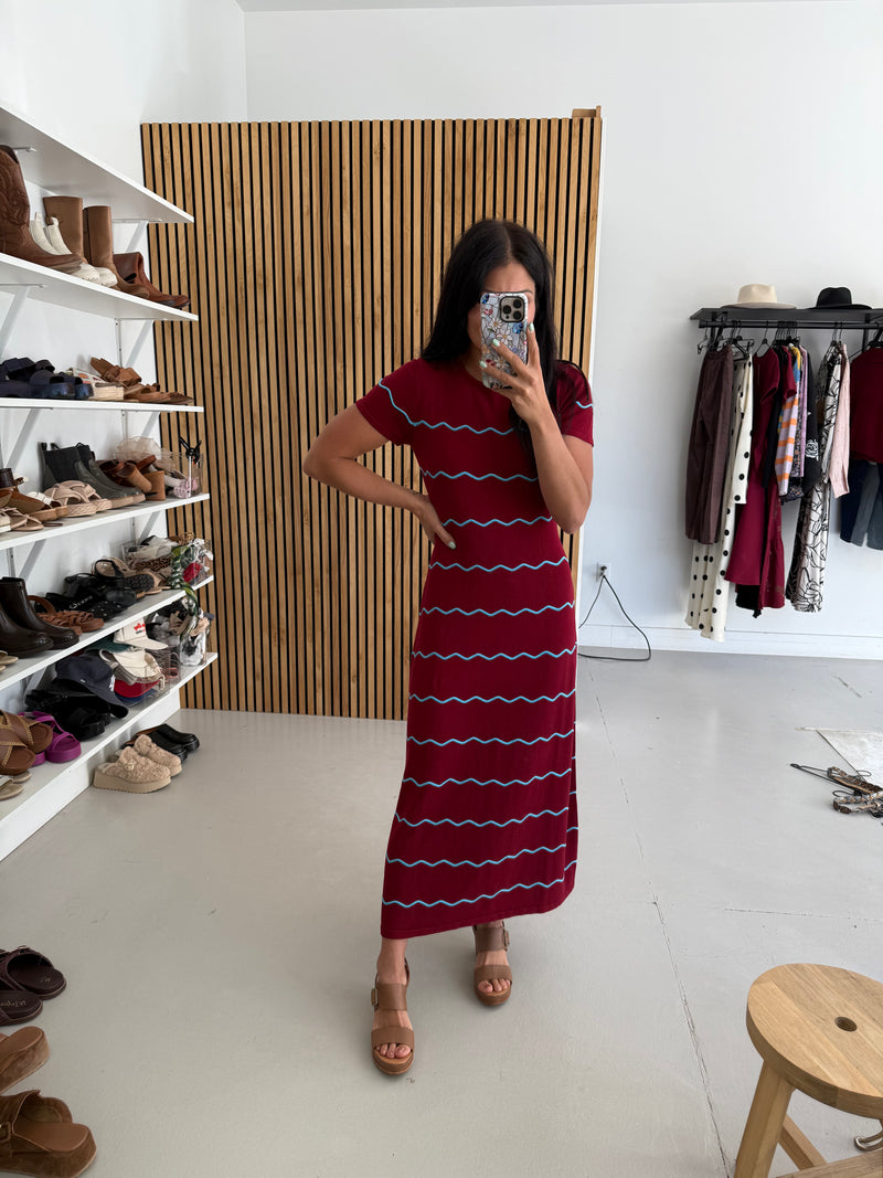 The Lorenz Striped Midi Sweater Dress in Burgundy