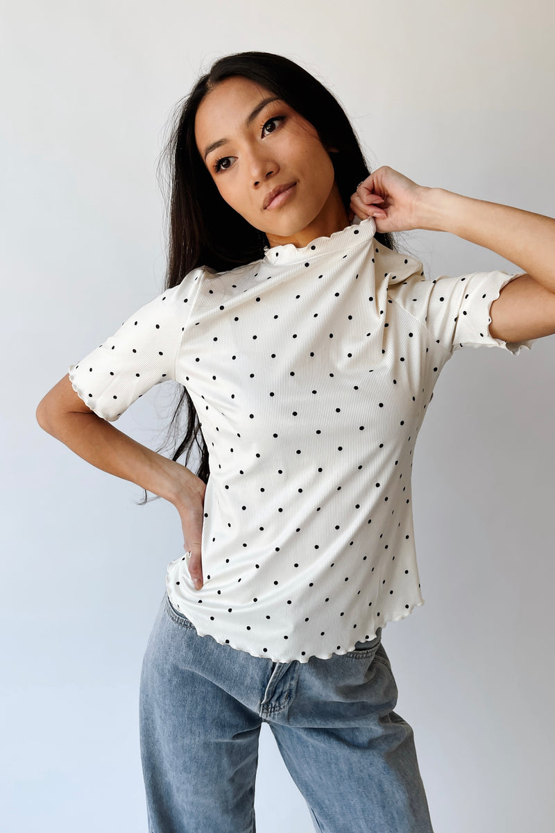 The Julissa Polka Dot Ribbed Blouse in Cream
