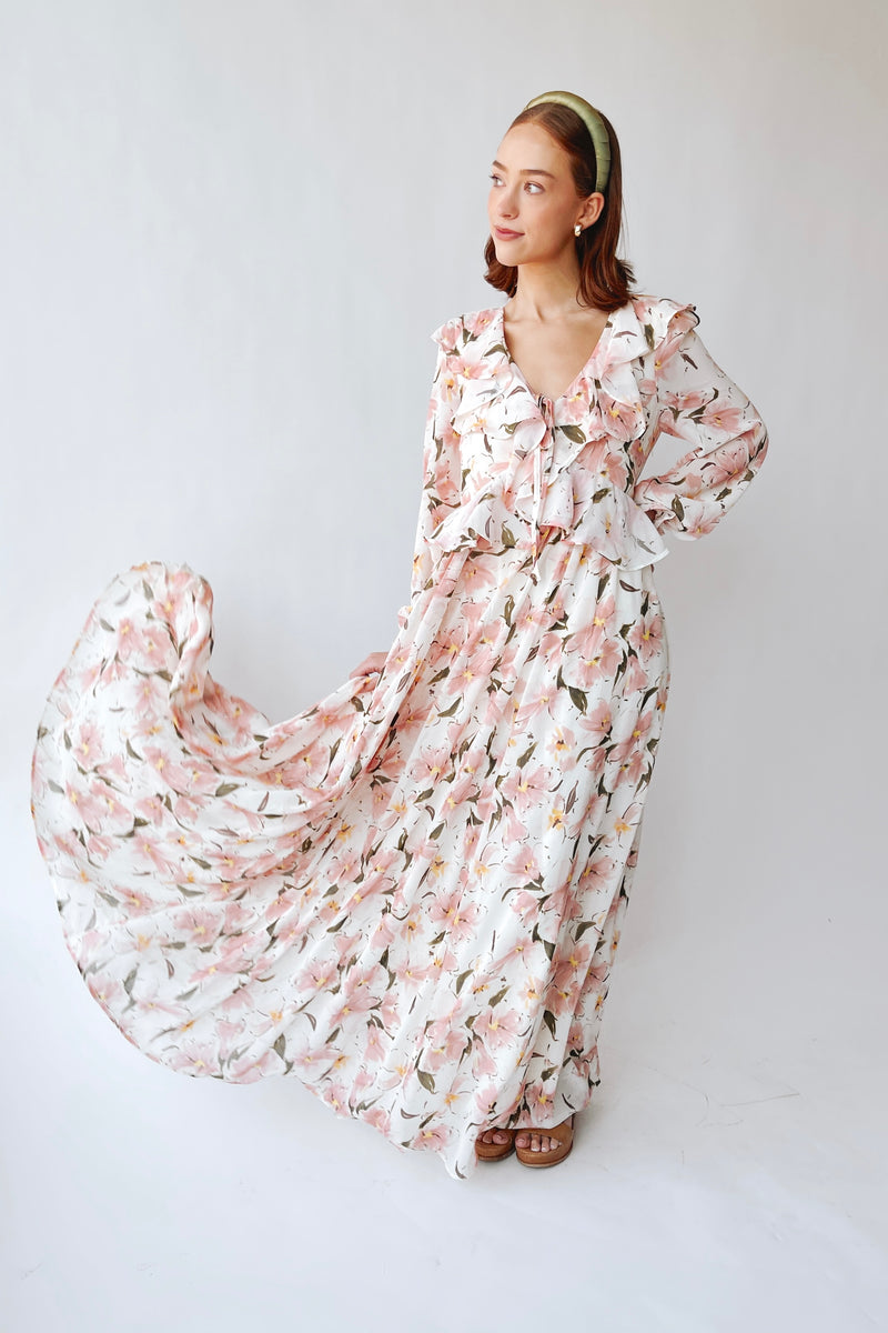 The Yarnish Flowy Ruffle Floral Maxi Dress in Cream – Piper & Scoot