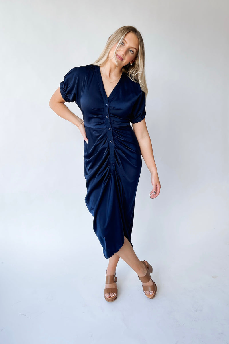 The Kyrie Satin Dolman Sleeve Midi Dress in Navy