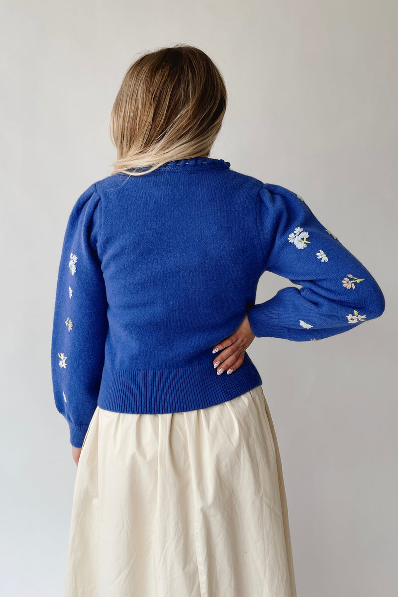 The Conlan Floral Embroidered Cardigan in Blue