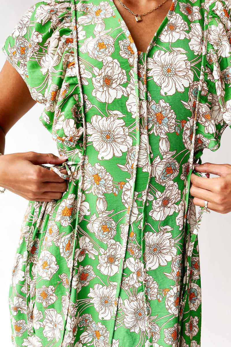 floral v neck midi dress The Belmarez Floral V-Neck Midi Dress in Green Mix Medium