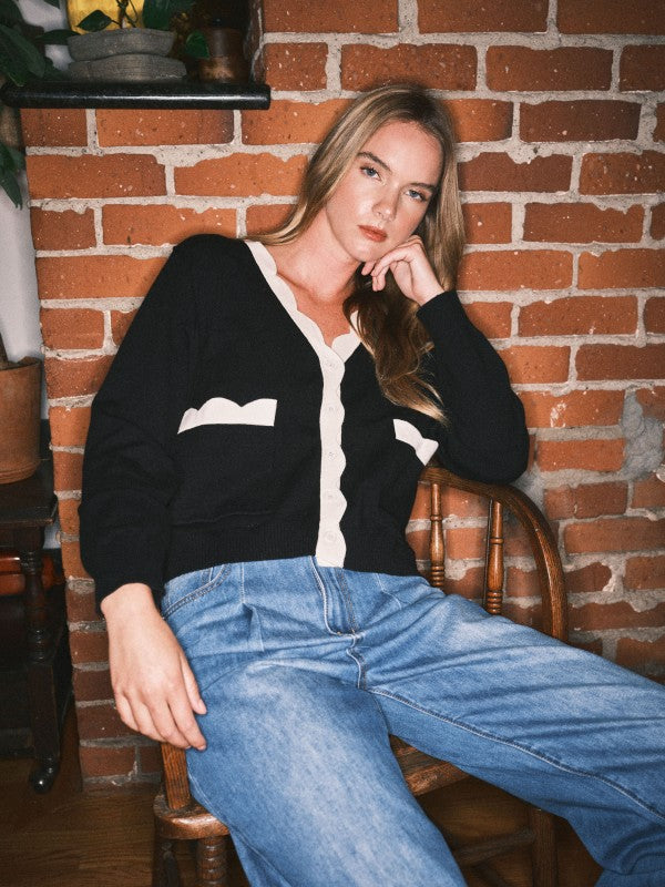 The Lucero Scallop Detail Cardigan in Black