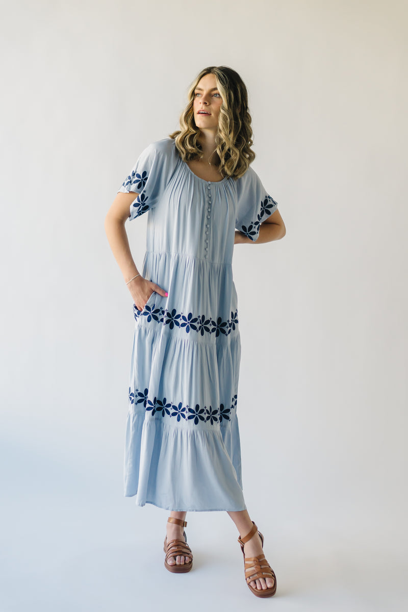 The Duluth Tiered Embroidered Maxi Dress in Light Blue