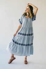 The Duluth Tiered Embroidered Maxi Dress in Light Blue