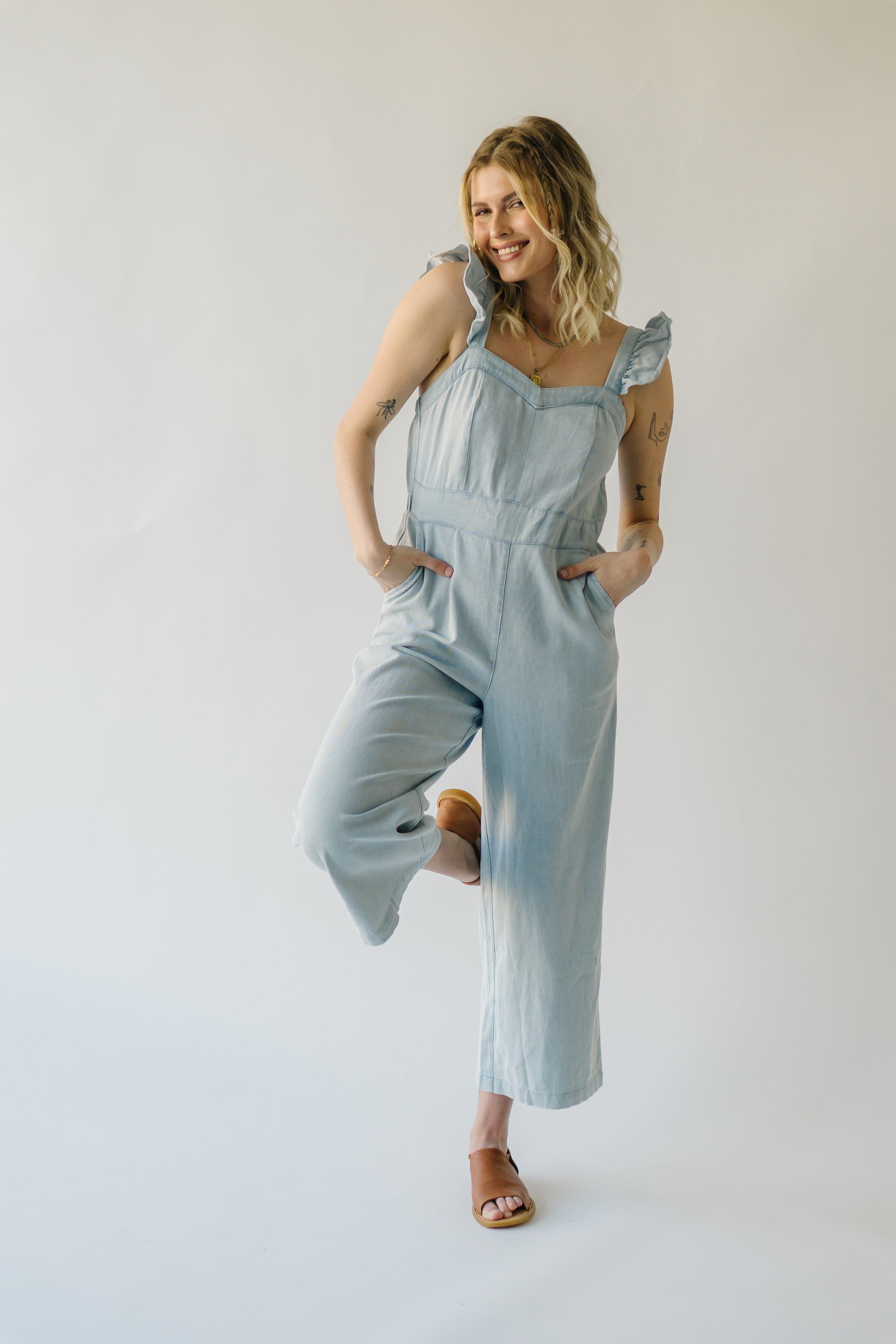 The Enid Ruffle Detail Jumpsuit in Light Denim – Piper & Scoot