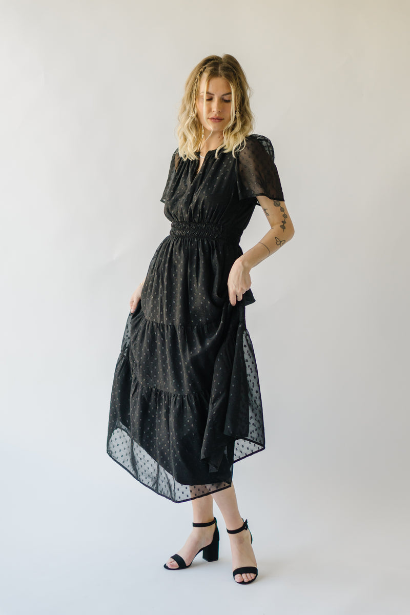 The Hobson Tiered Midi Dress in Black Metallic