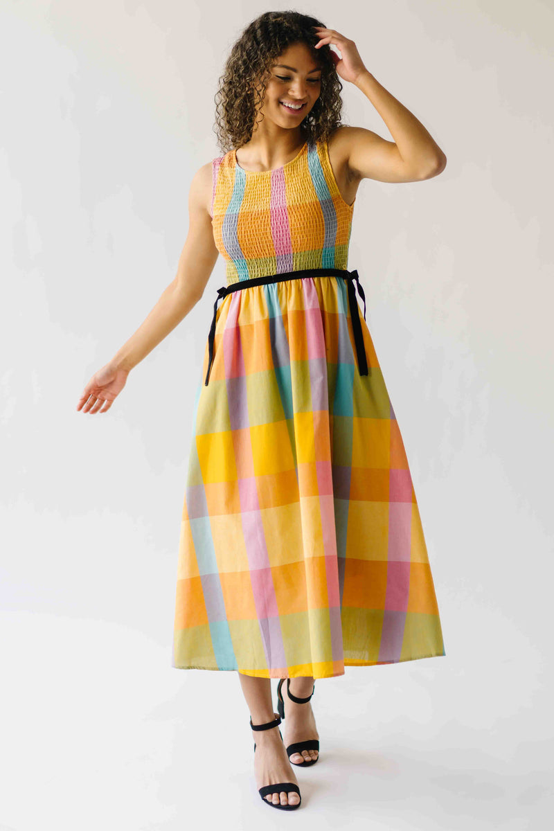 The Kozak Smocked Detail Midi Dress in Checkered Multi