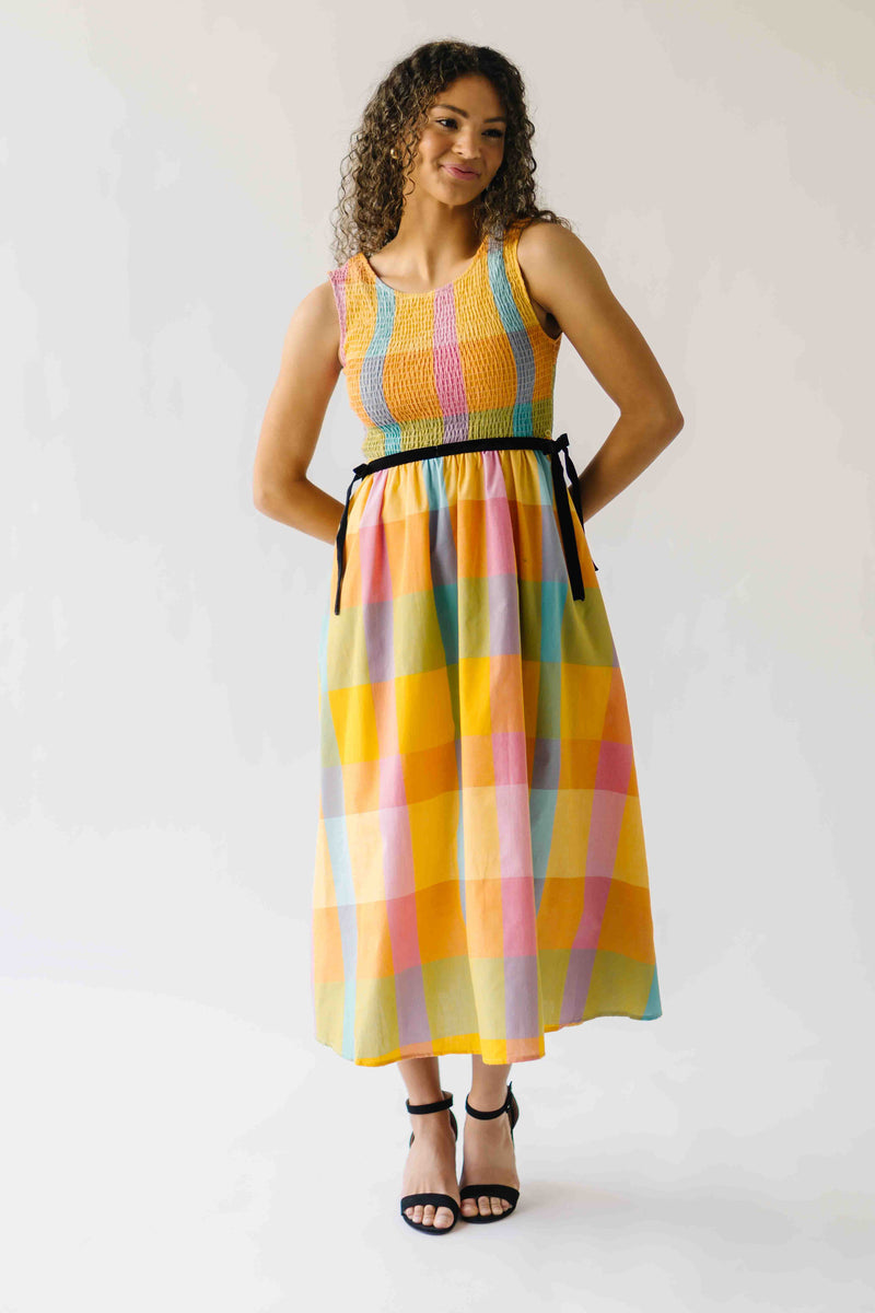 The Kozak Smocked Detail Midi Dress in Checkered Multi