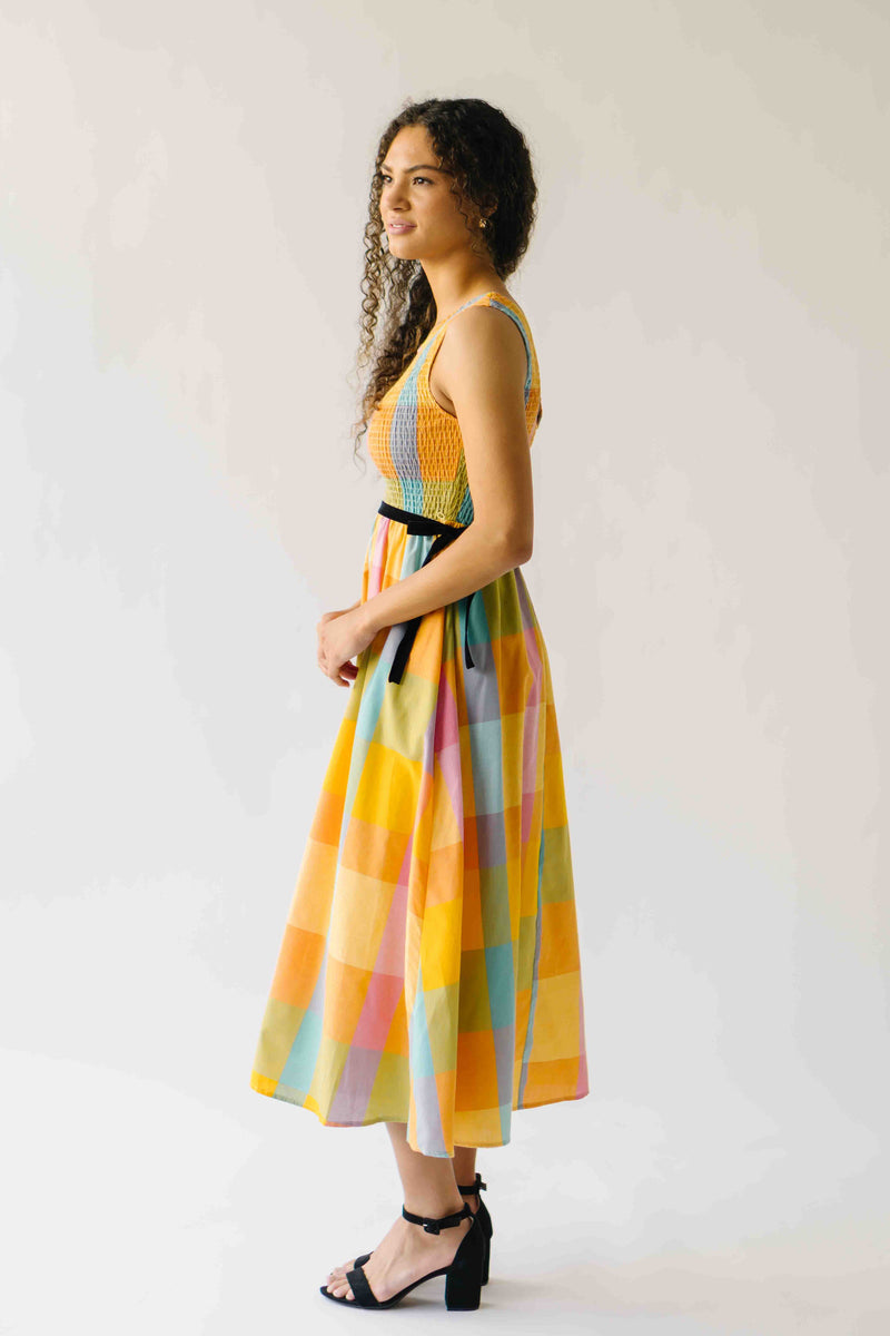 The Kozak Smocked Detail Midi Dress in Checkered Multi