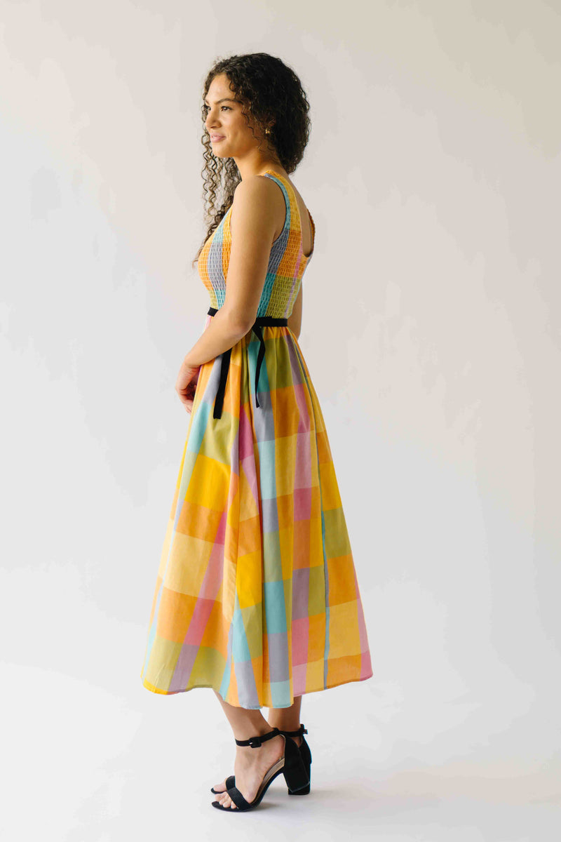 The Kozak Smocked Detail Midi Dress in Checkered Multi