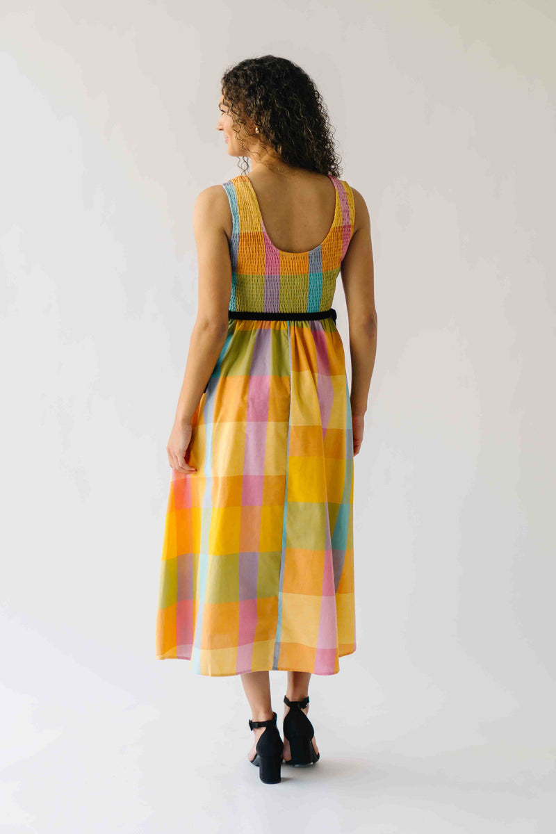 The Kozak Smocked Detail Midi Dress in Checkered Multi