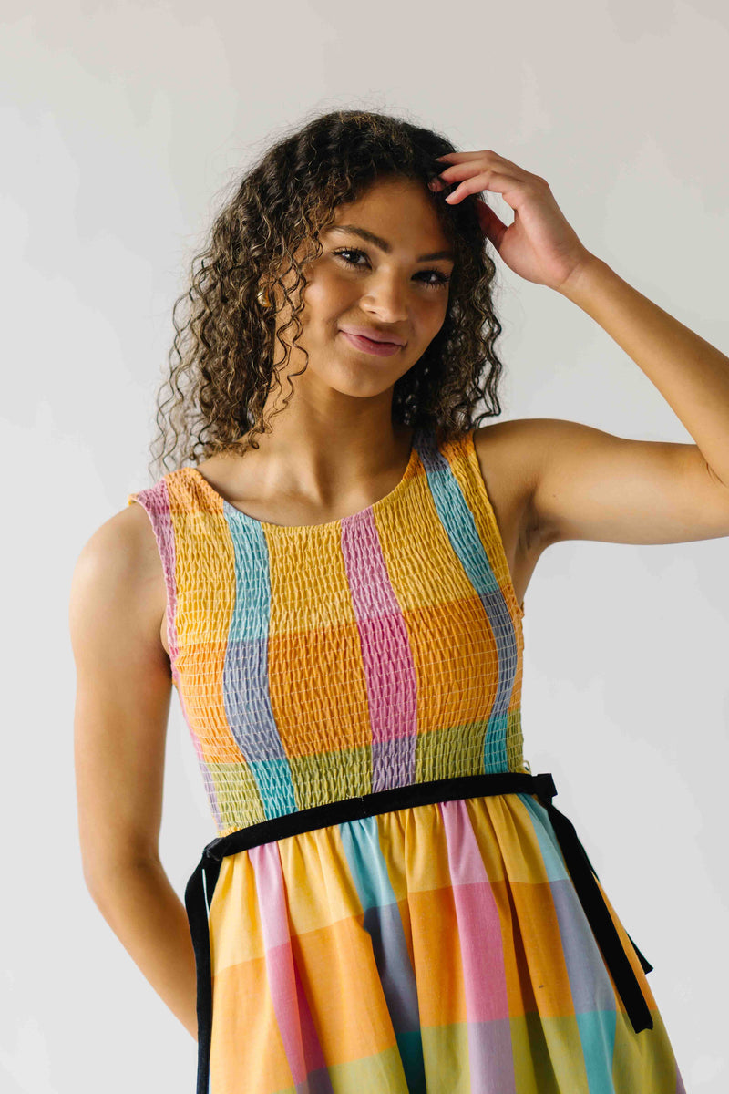 The Kozak Smocked Detail Midi Dress in Checkered Multi
