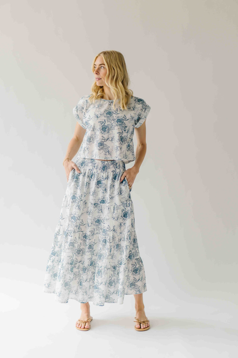 The Bersie Floral Blouse + Skirt Set in White + Blue