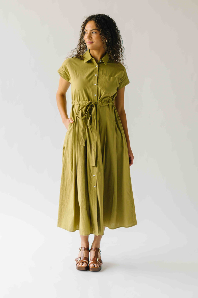 The Simpkins Button-Up Midi Dress in Olive Palm