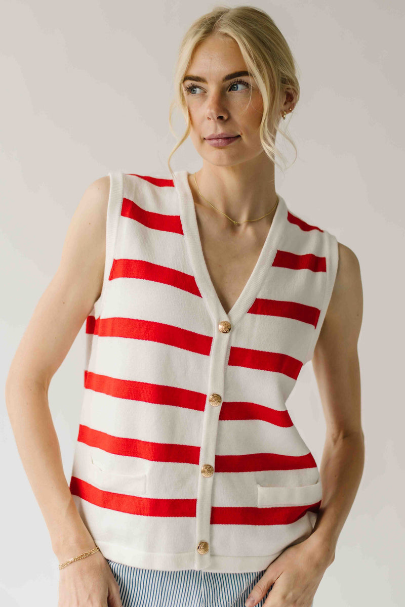 The Hanney Striped Knit Sweater Vest in Red + White