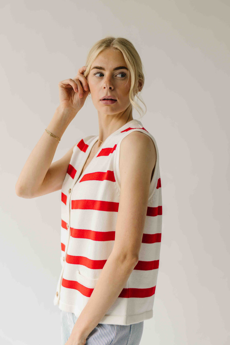 The Hanney Striped Knit Sweater Vest in Red + White