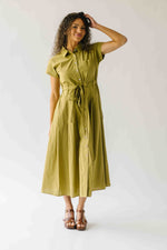 The Simpkins Button-Up Midi Dress in Olive Palm
