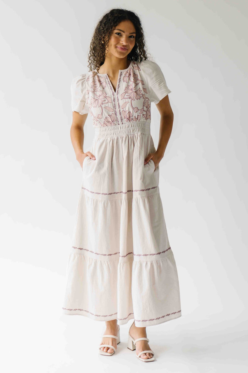 The Hollans Embroidered Floral Maxi Dress in Natural