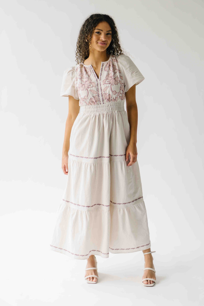 The Hollans Embroidered Floral Maxi Dress in Natural