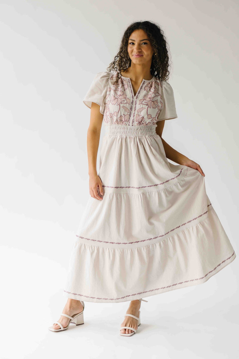 The Hollans Embroidered Floral Maxi Dress in Natural