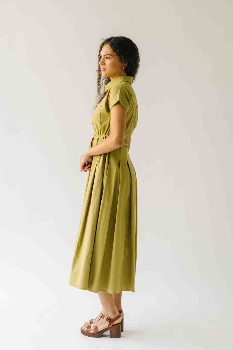 The Simpkins Button-Up Midi Dress in Olive Palm