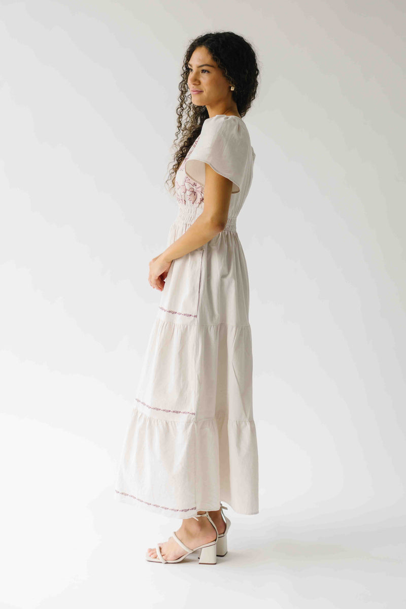 The Hollans Embroidered Floral Maxi Dress in Natural