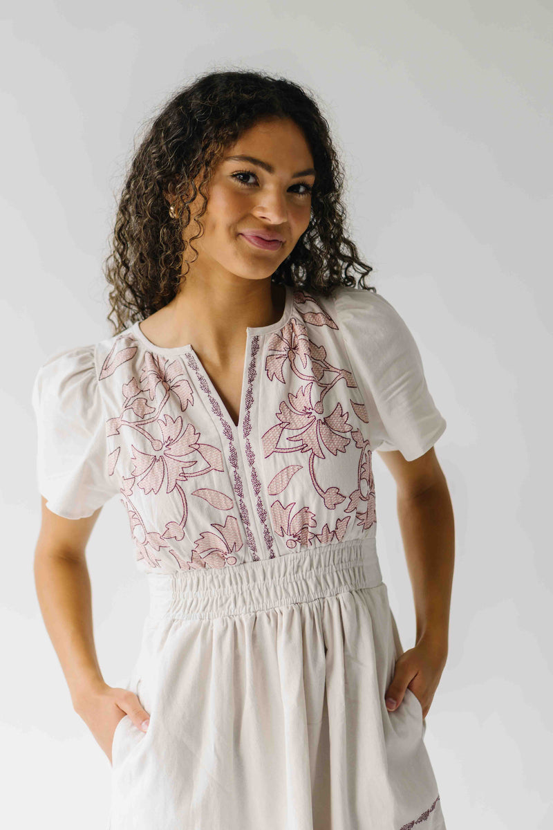 The Hollans Embroidered Floral Maxi Dress in Natural