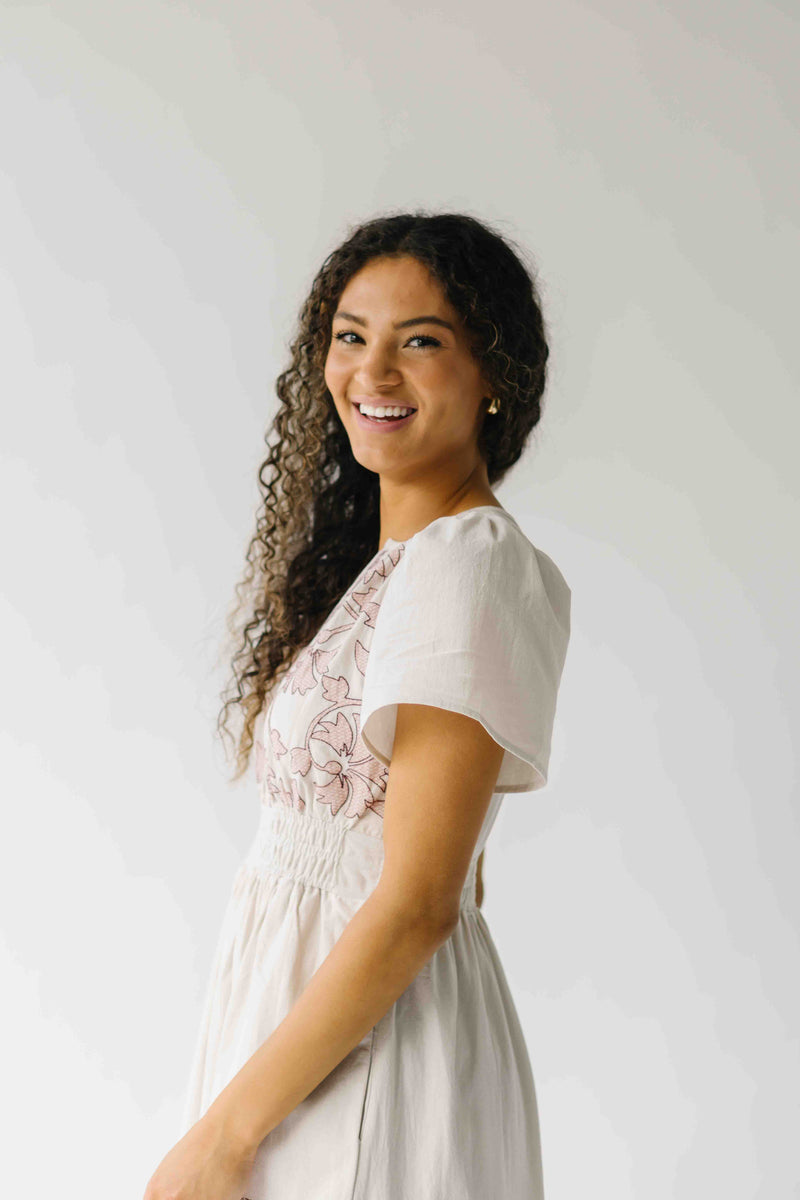 The Hollans Embroidered Floral Maxi Dress in Natural