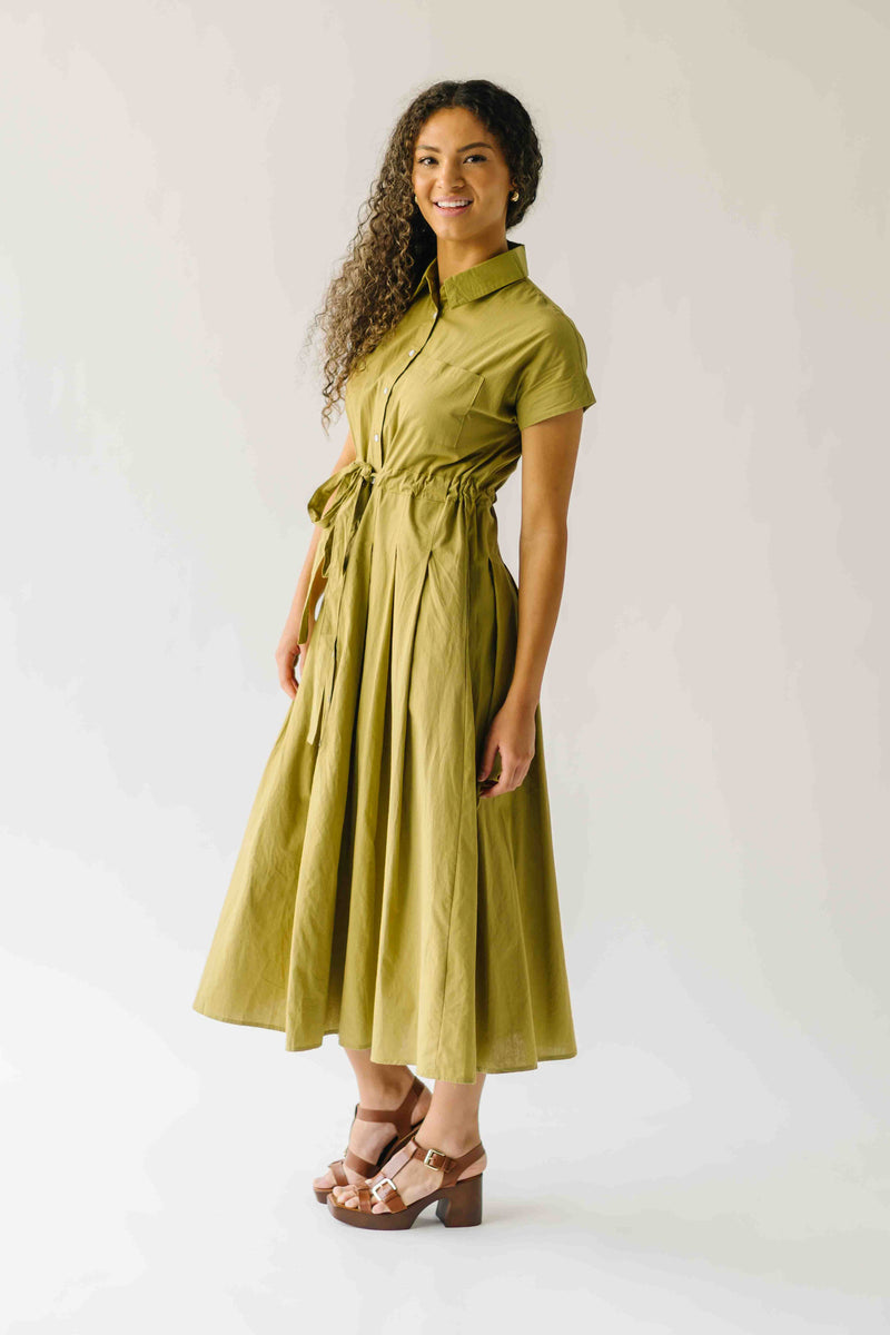 The Simpkins Button-Up Midi Dress in Olive Palm